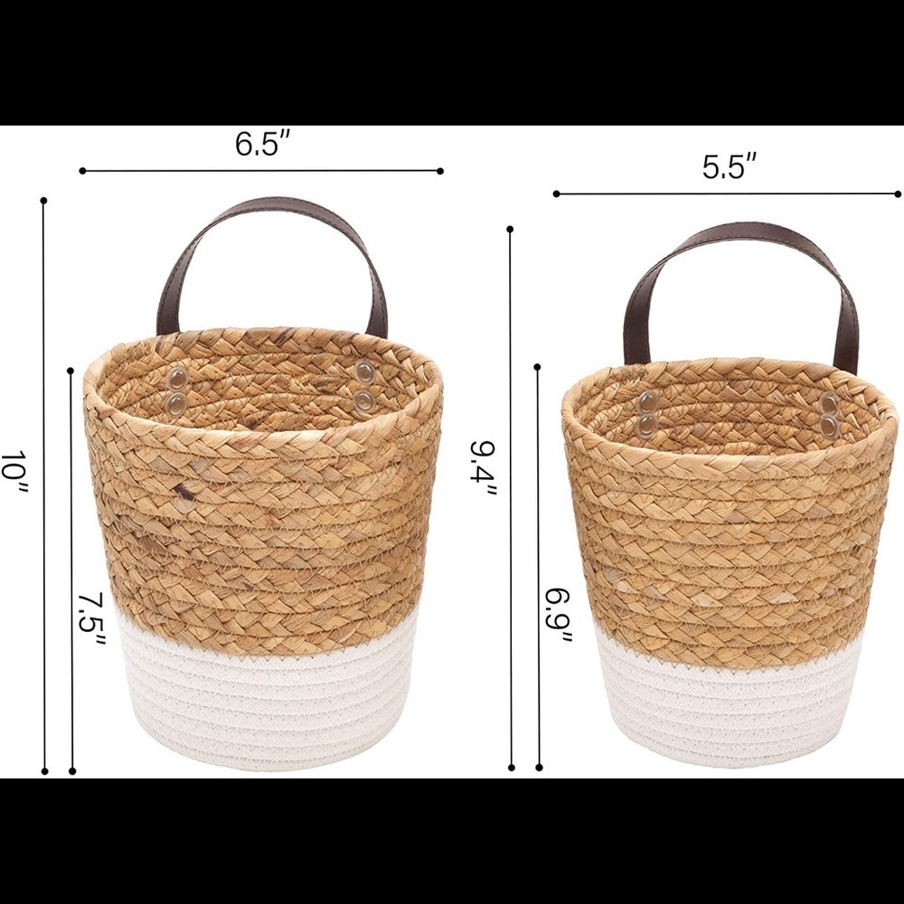 StorageWorks Water Hyacinth & Cotton Rope Hanging Basket Natural/White, Set of 2